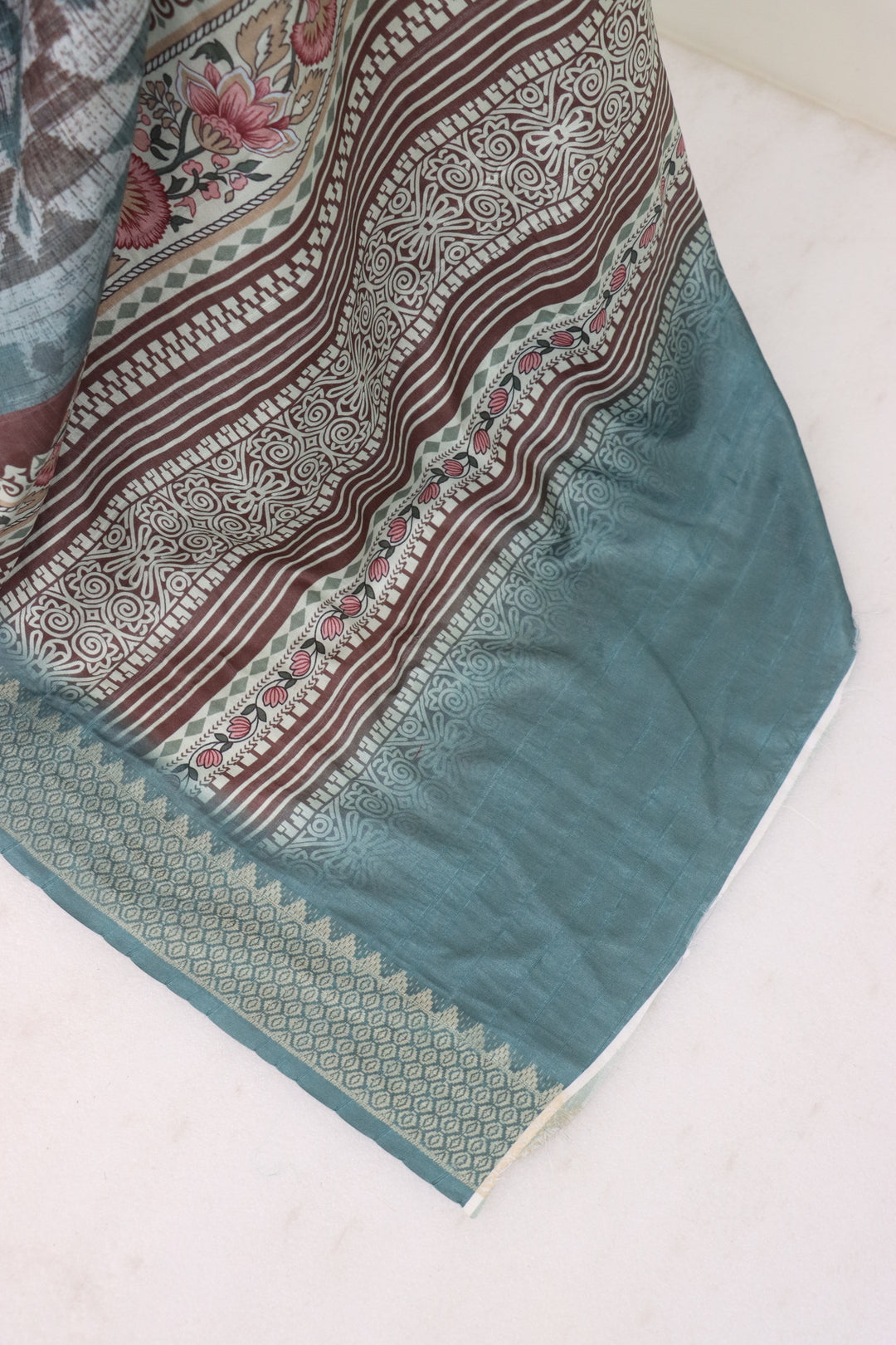 Brown and Green Printed Silk Saree