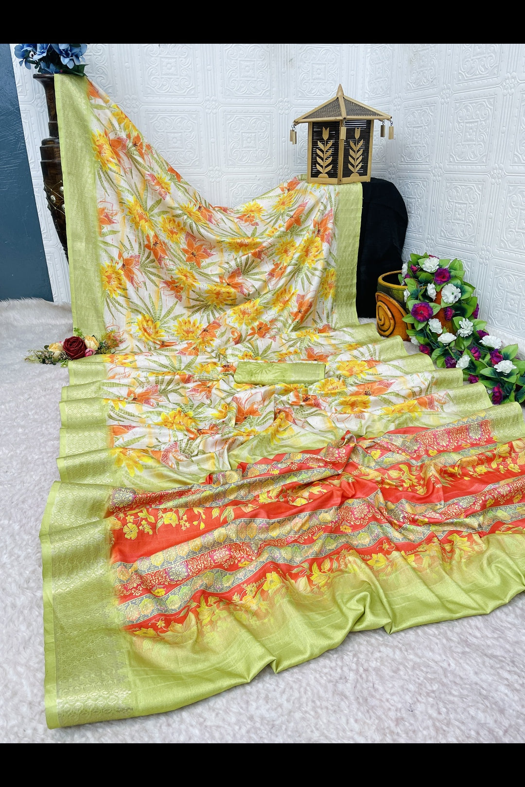 Yellow Green silk saree