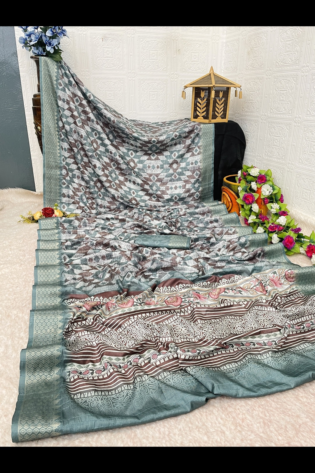 Brown and Green Printed Silk Saree