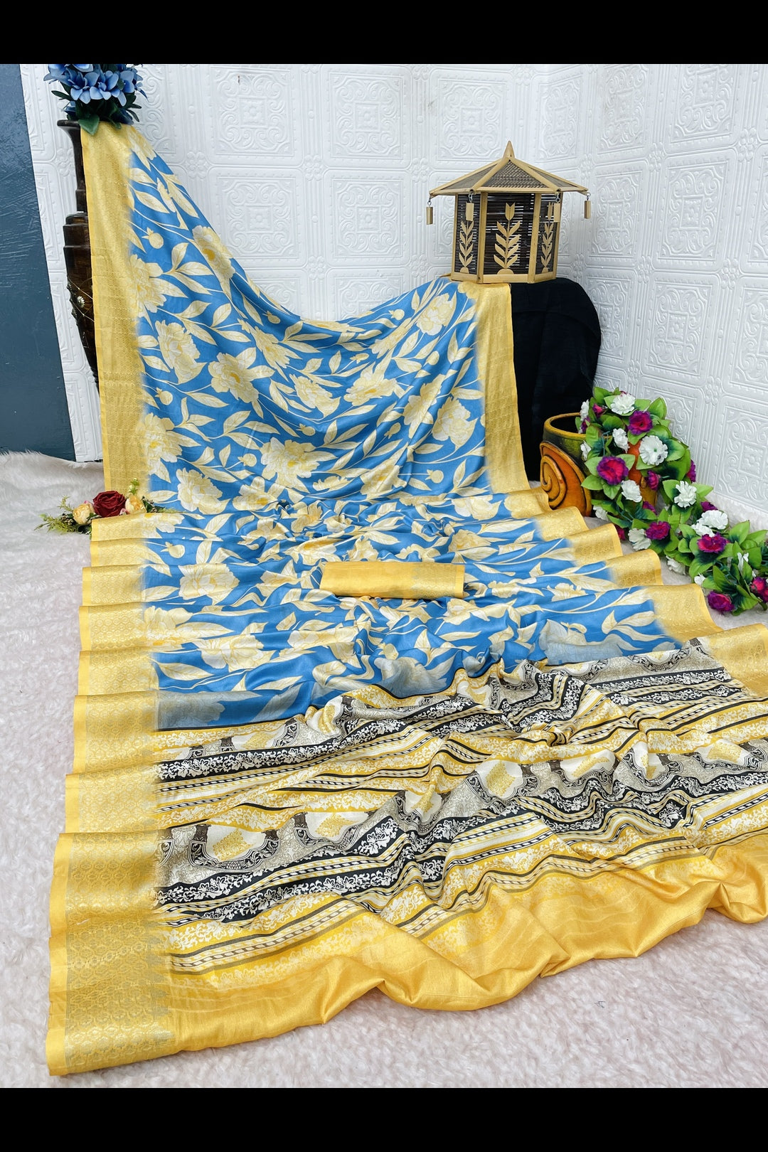 Mustard Yellow and Blue Combination Saree