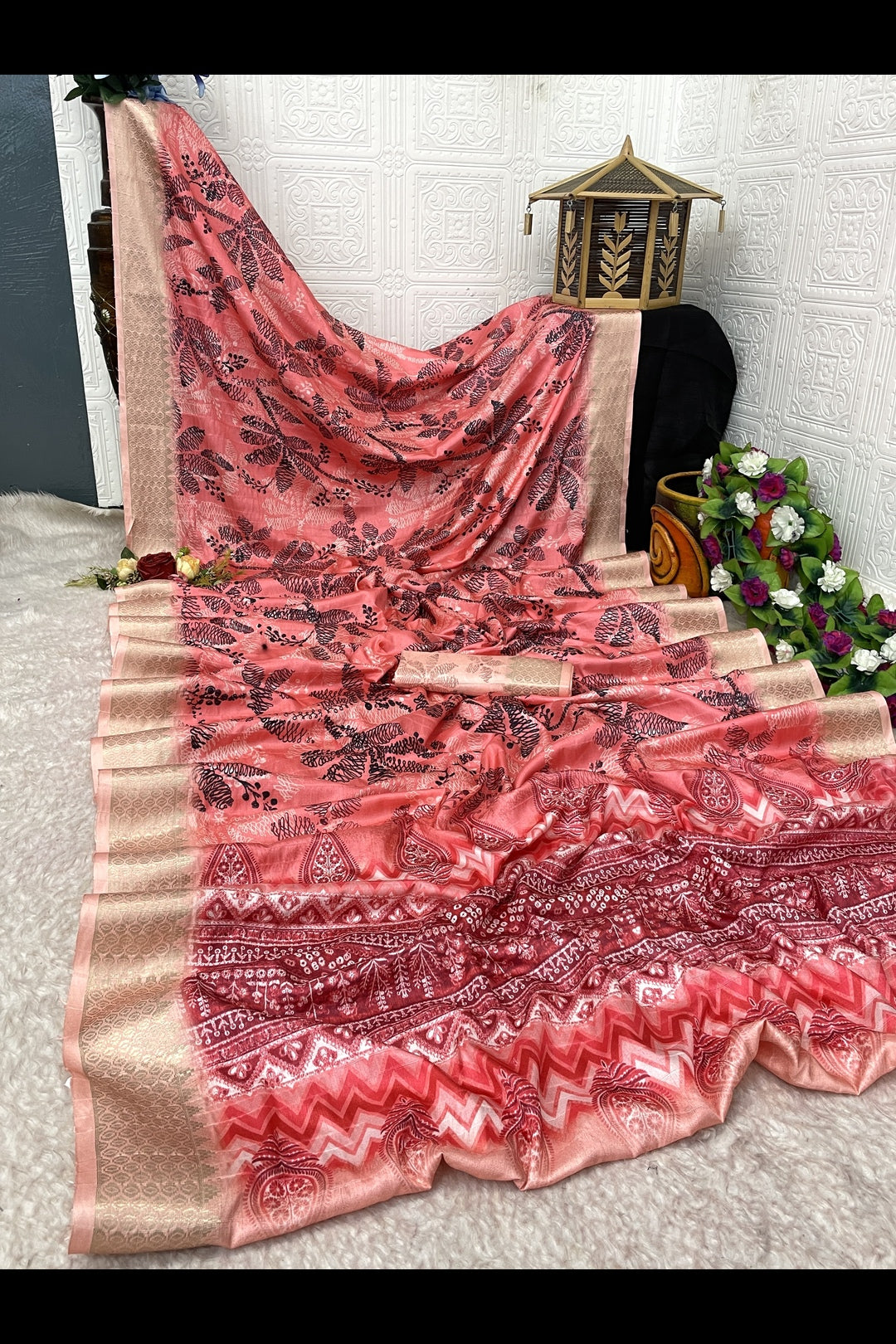 Reddish Pink floral Printed Saree