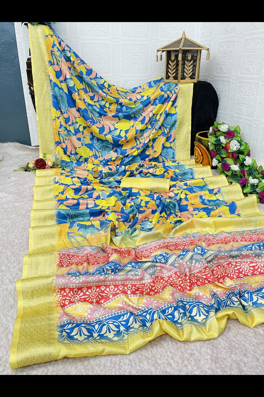 Light Yellow Printed Silk Saree