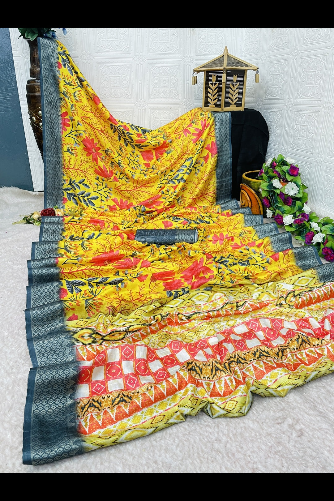 Floral Yellow Printed Silk Saree