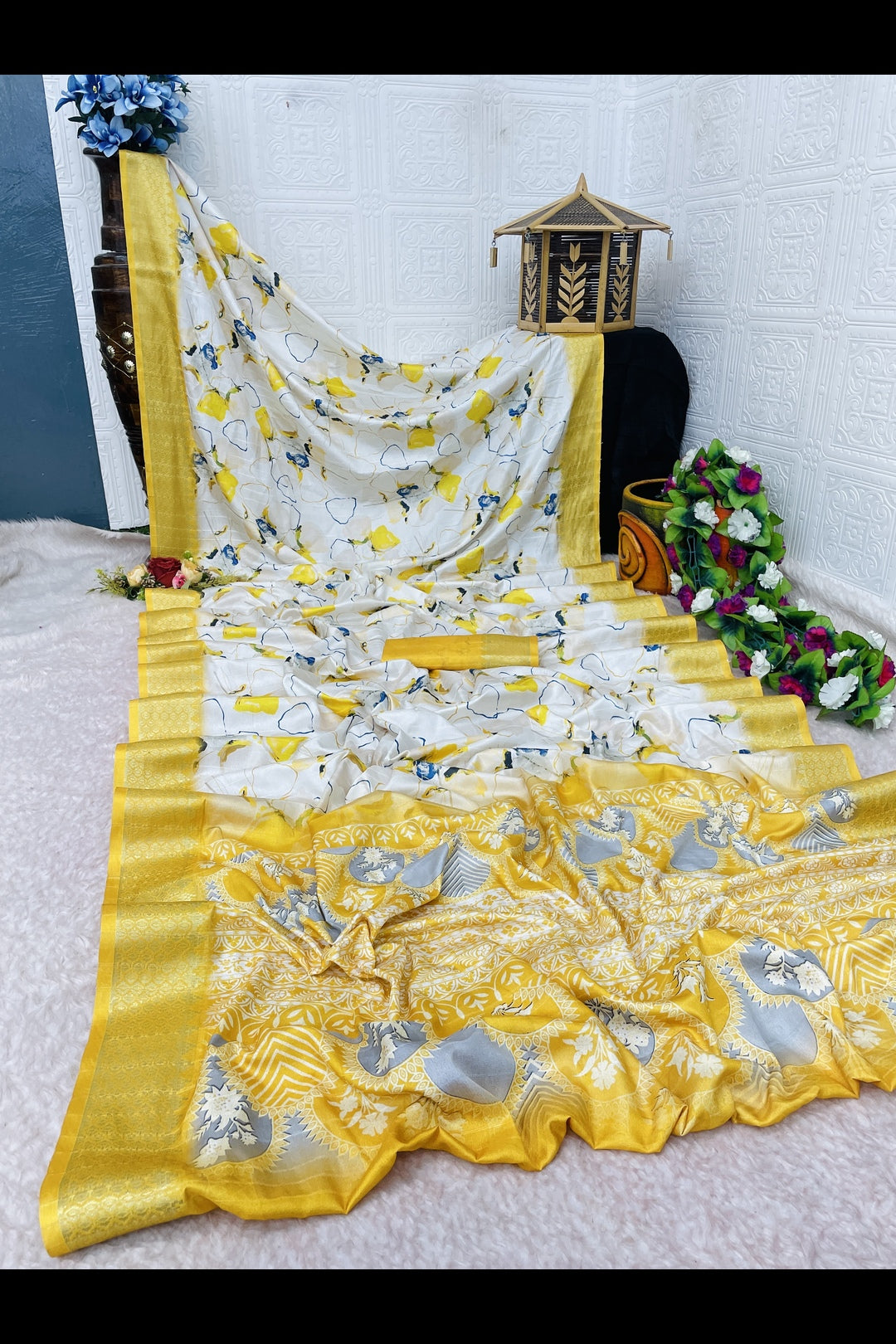 Lemon Yellow Printed Silk Saree