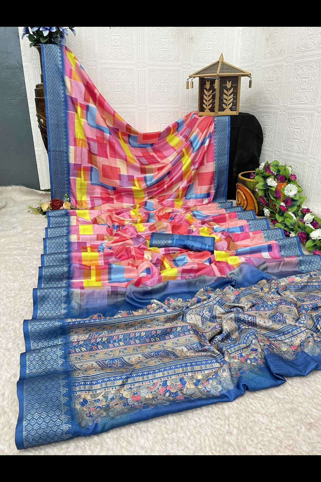 Pink and Blue Printed Silk Saree