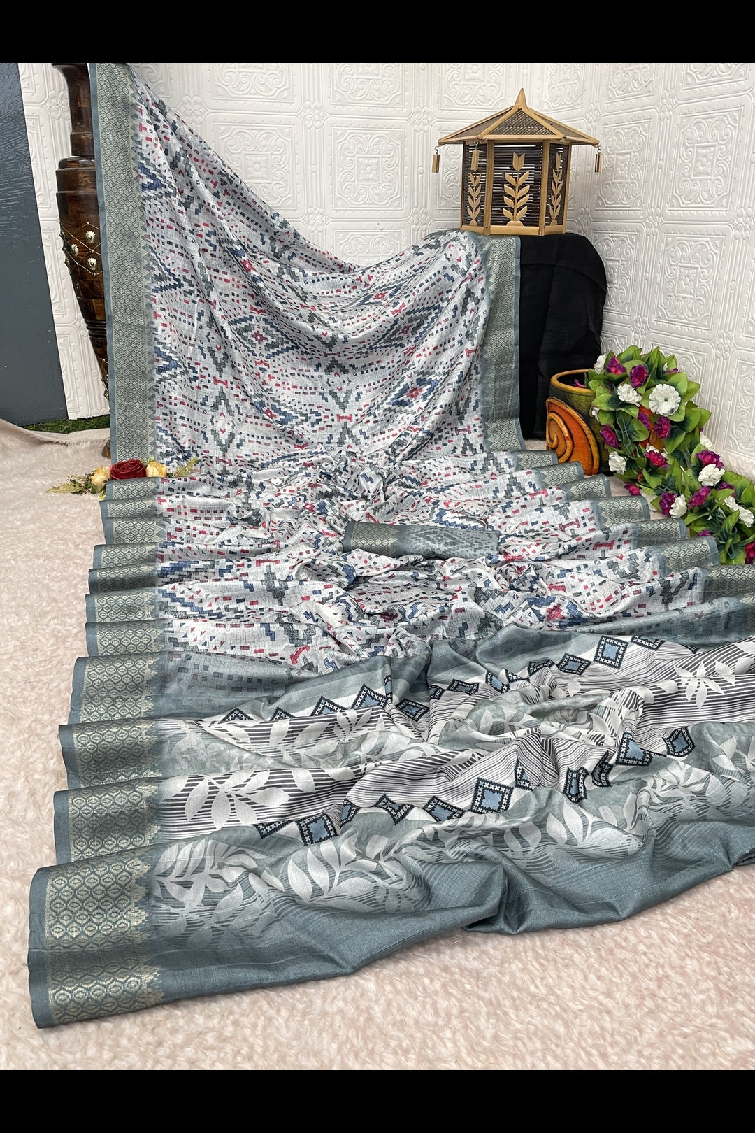 Grey Dola Silk Digitally Printed Saree Weaved With Attractive Lace Comes With Tassels