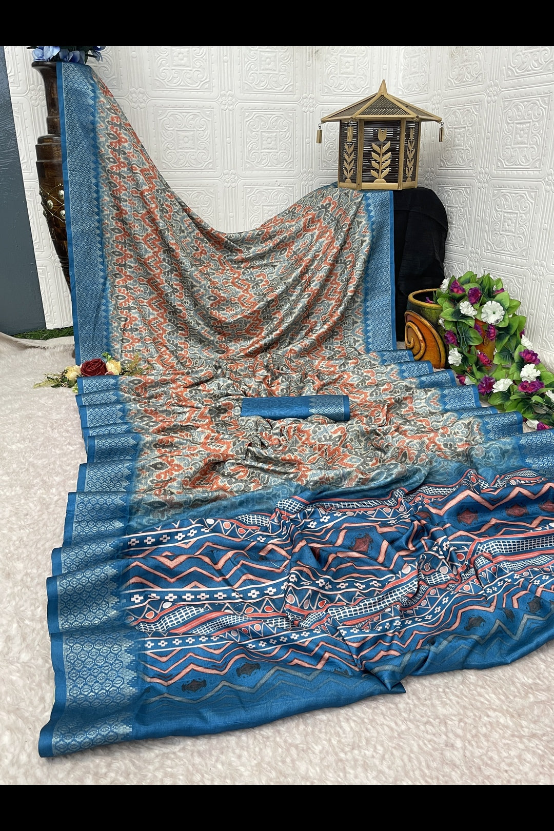 Blue Printed Silk Saree