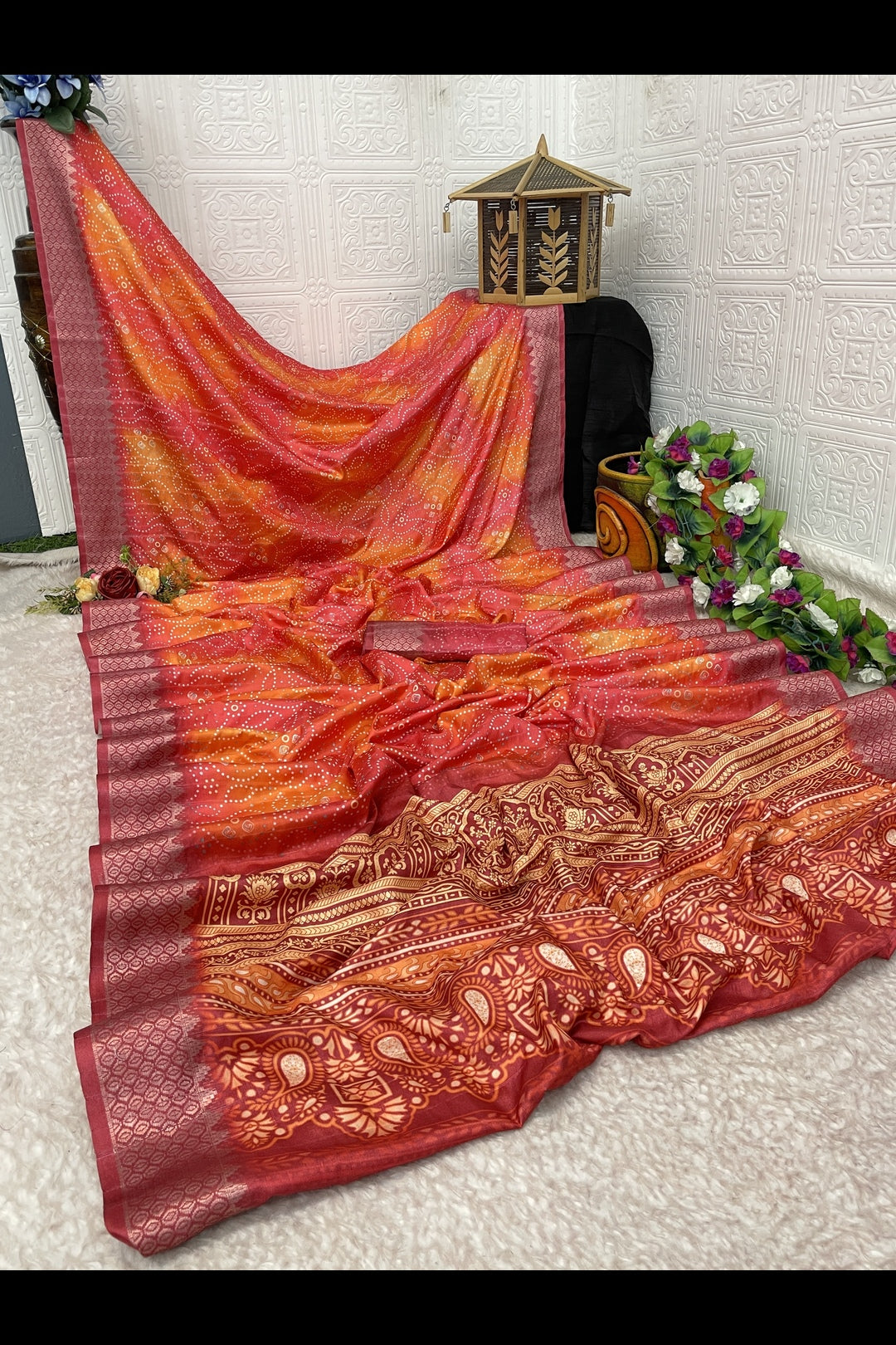 Reddish Orange Printed Saree