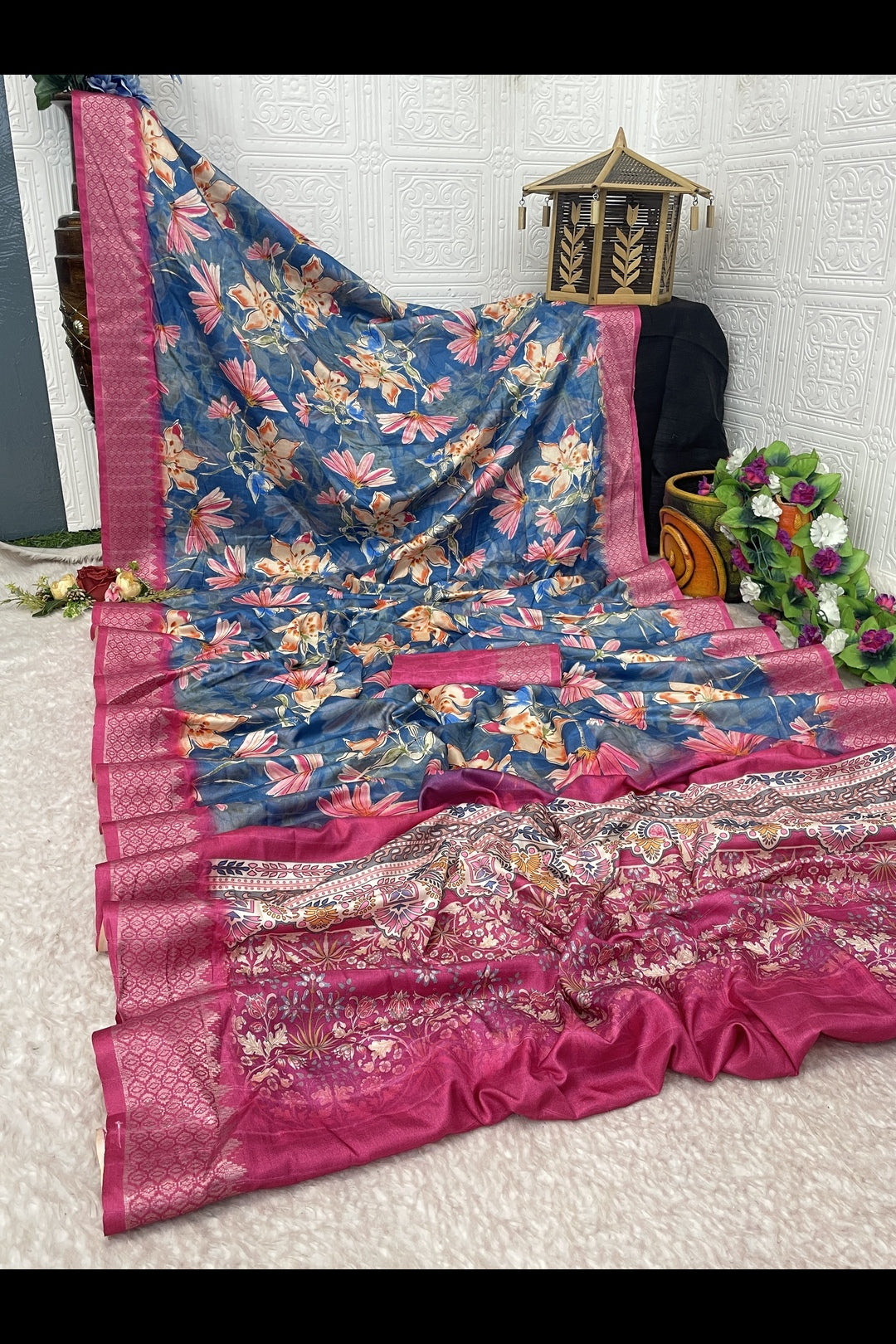 Blue and pink combination Saree