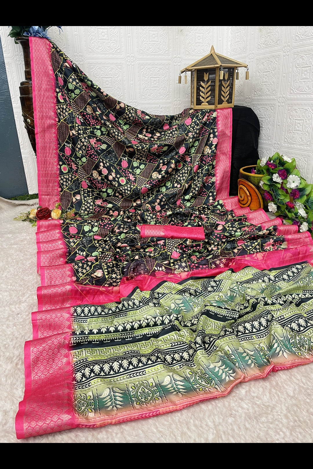 Black and Pink Silk Saree