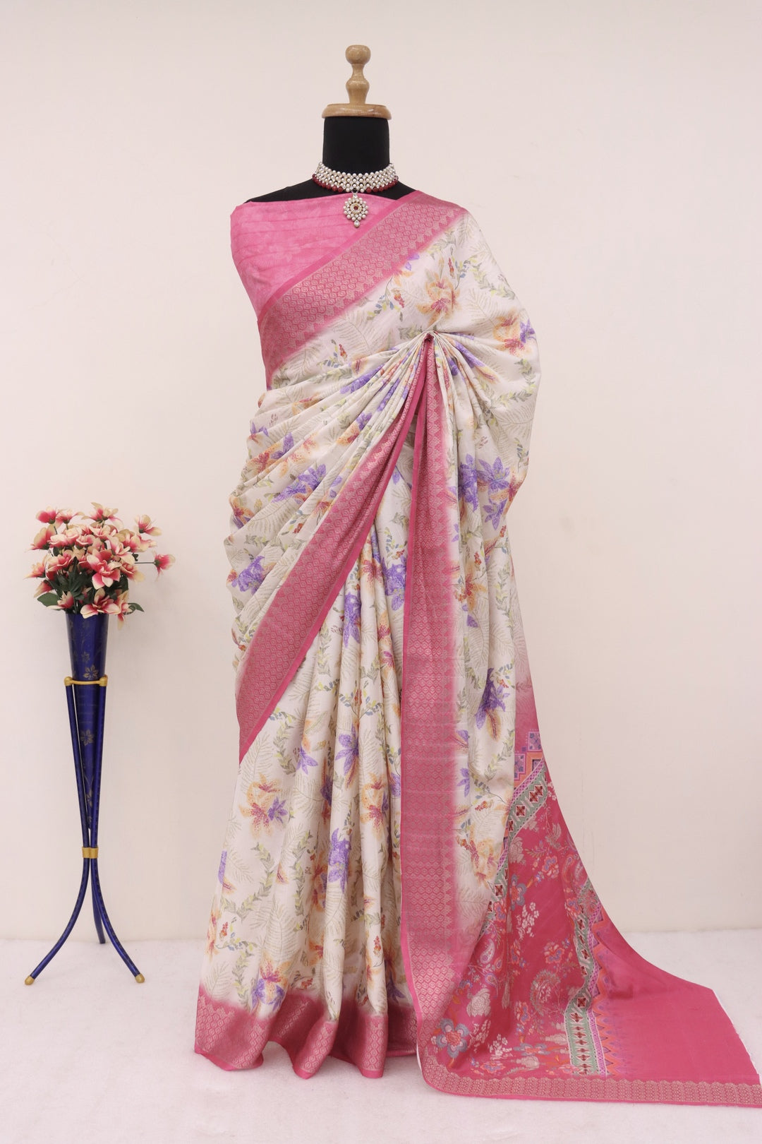 White Pink Silk Saree