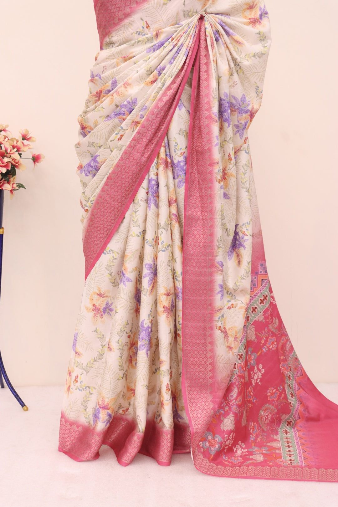 White Pink Silk Saree