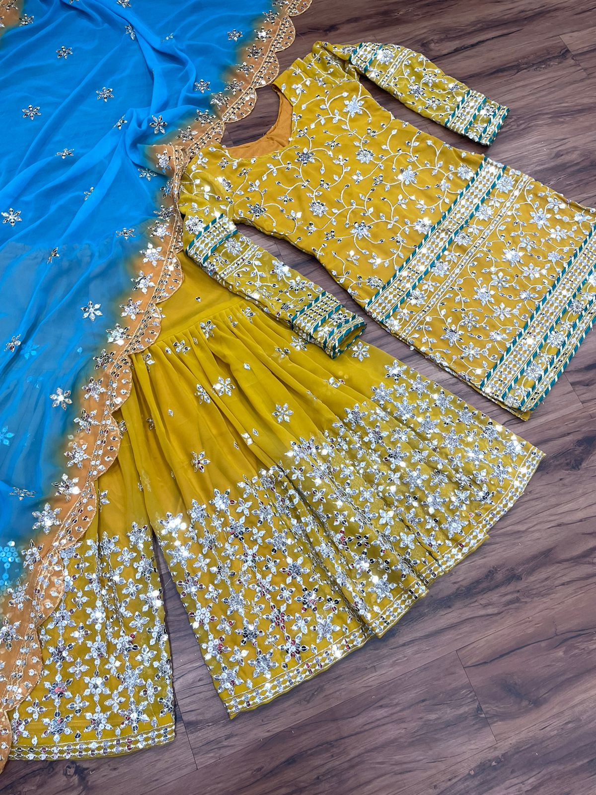 Haldi Wear Mustard Yellow Sequence Work Sharara Dress