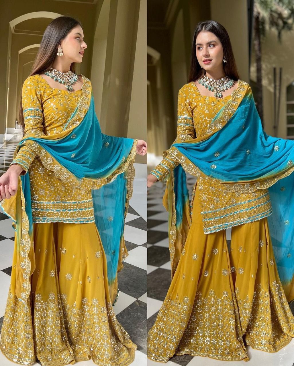 Haldi Wear Mustard Yellow Sequence Work Sharara Dress