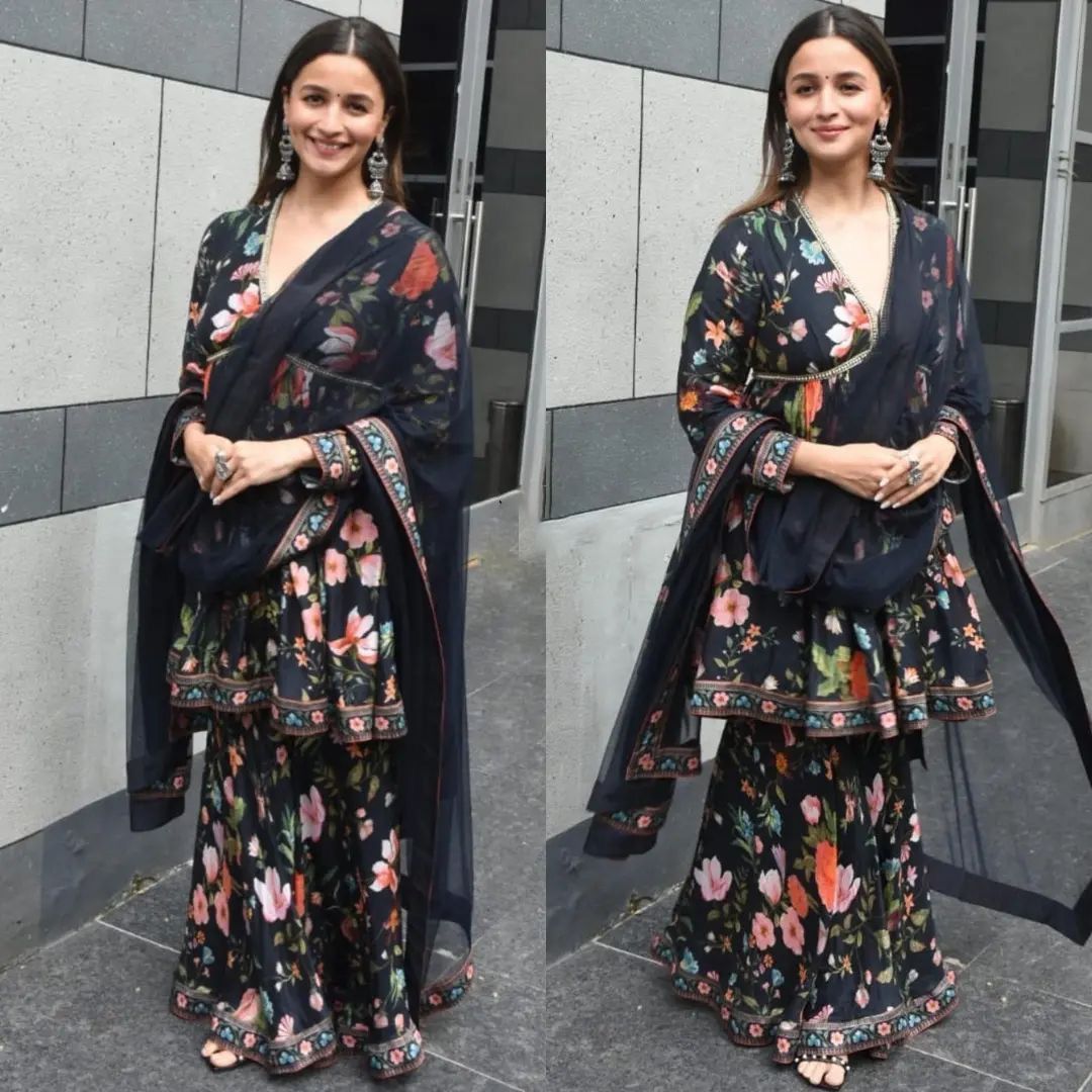 Bollywood Actress Alia Bhatt Wear Black Flower Printed Sharara Suit