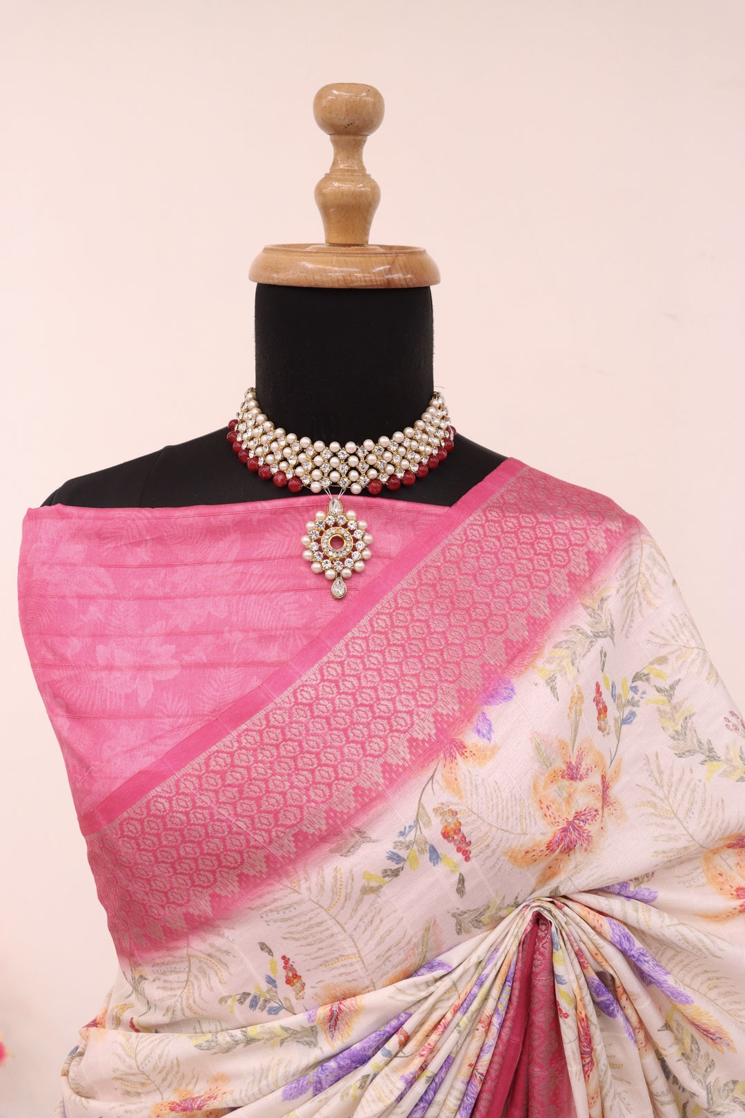 White Pink Silk Saree