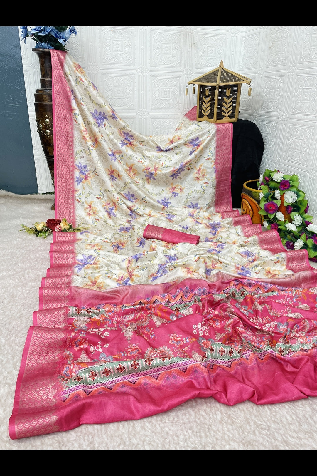 White Pink Silk Saree