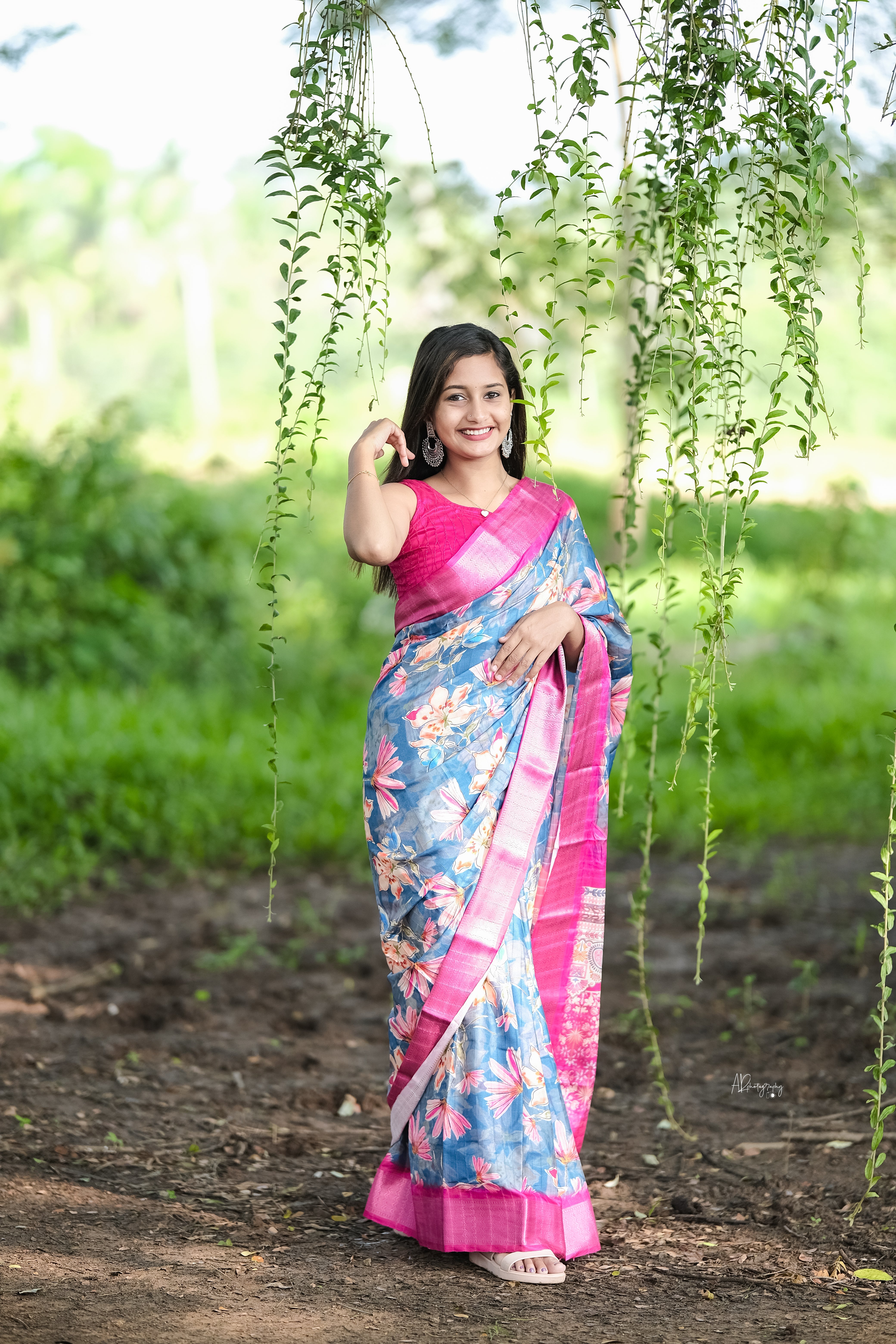 Blue and pink combination Saree