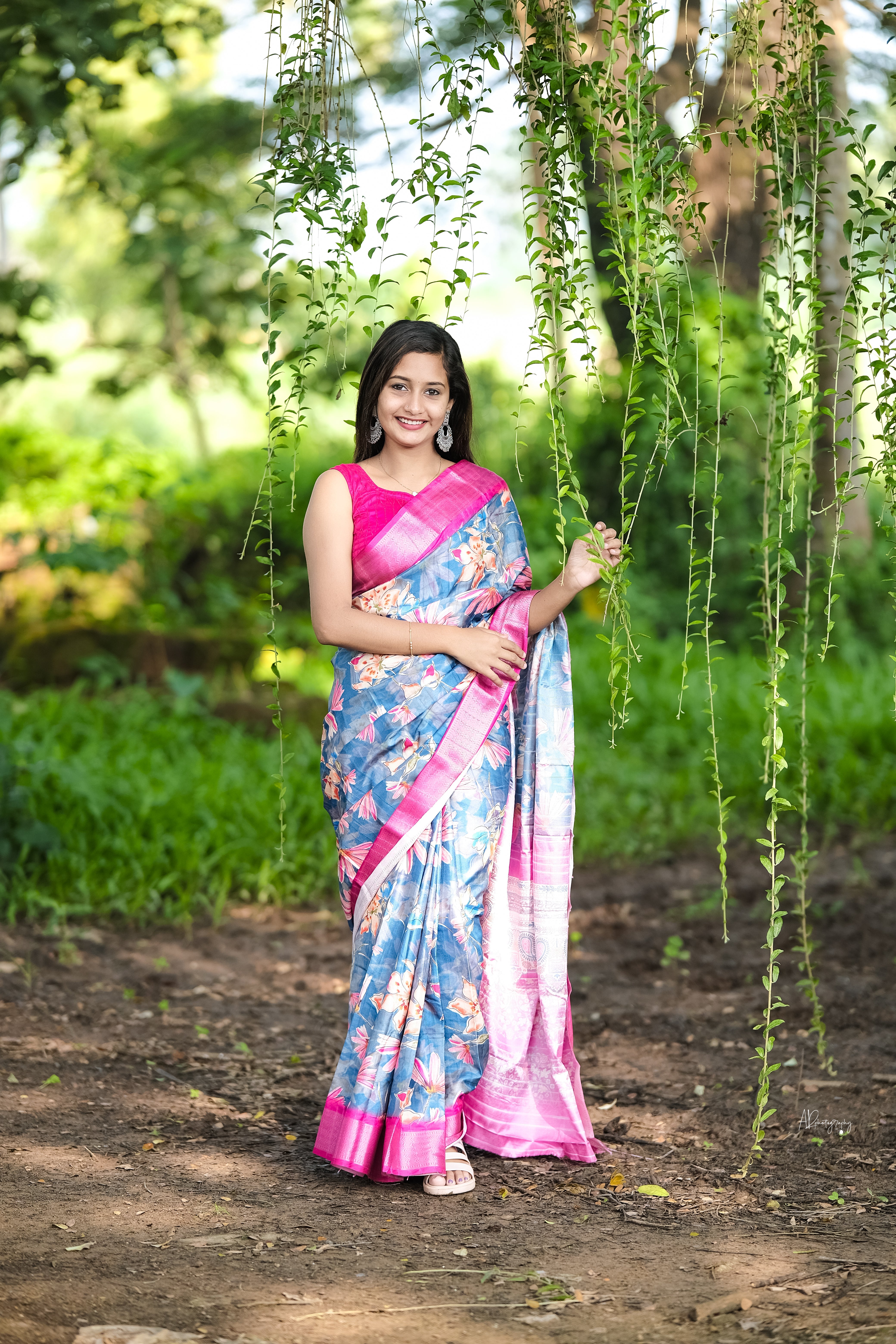 Blue and pink combination Saree