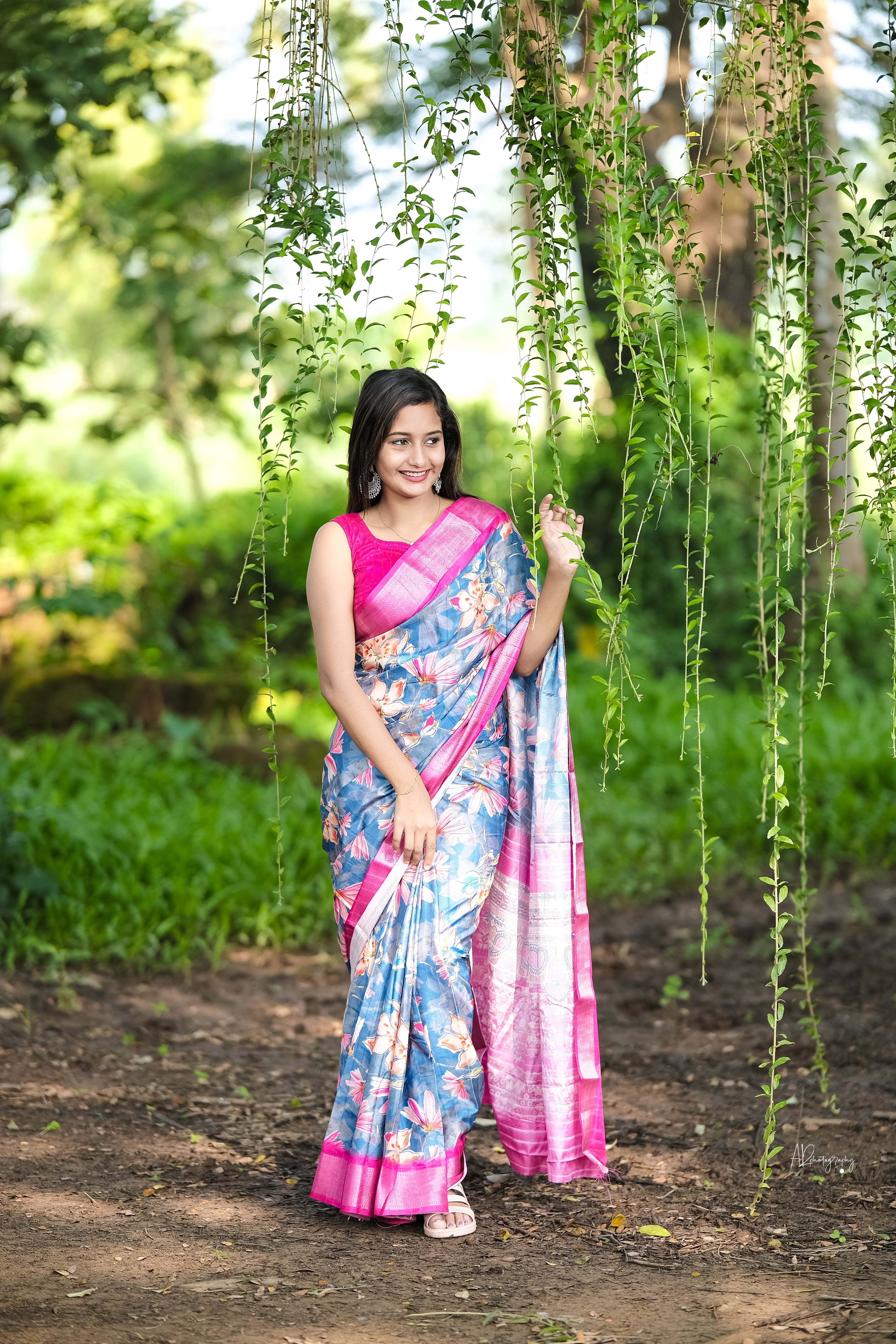 Blue and pink combination Saree