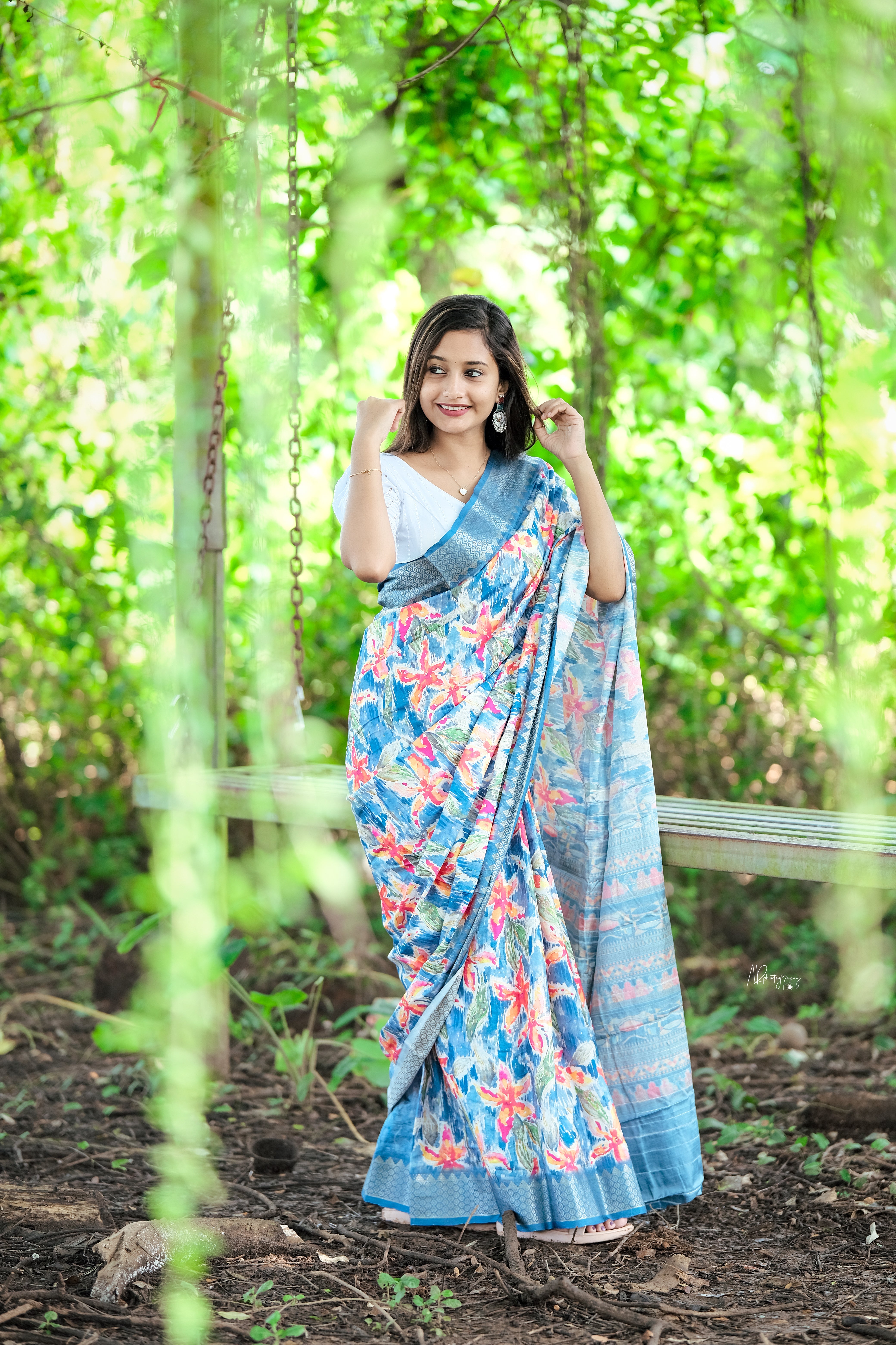 Royal Blue Dola Silk Digitally Printed Saree Weaved With Attractive Lace Comes With Tassels