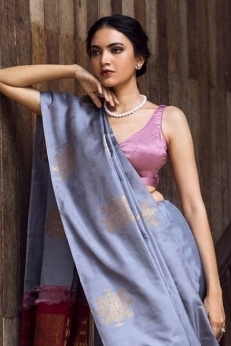 Vestigial Grey Soft Silk Saree With Fugacious Blouse Piece