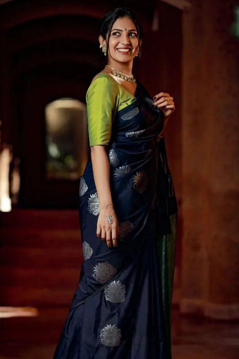 Wonderful Navy Blue Soft Silk Saree With Pretty Blouse Piece