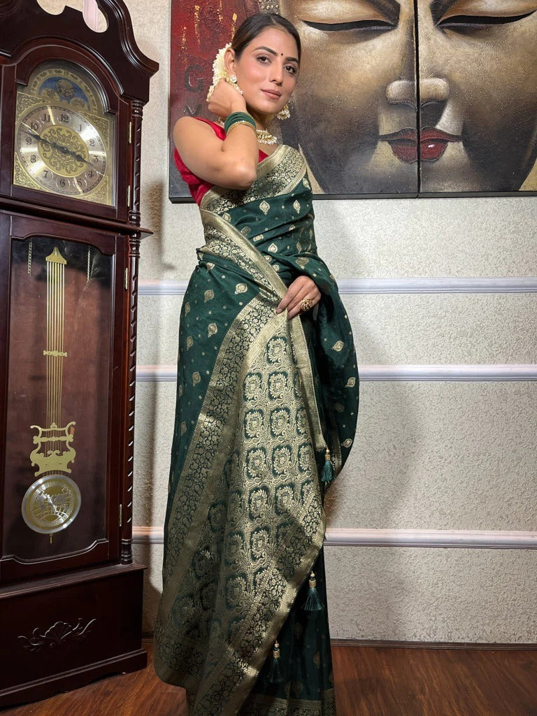 Pretty Dark Green Soft Silk Saree With Sensational Blouse Piece