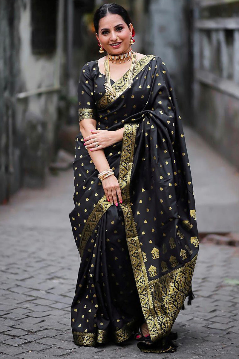 Unique Black Soft Silk Saree With Flaunt Blouse Piece