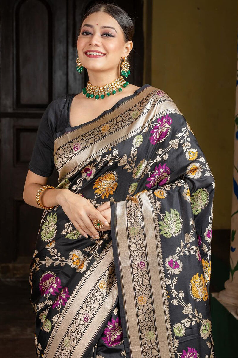 Vestigial Black Soft Silk Saree With Panoply Blouse Piece