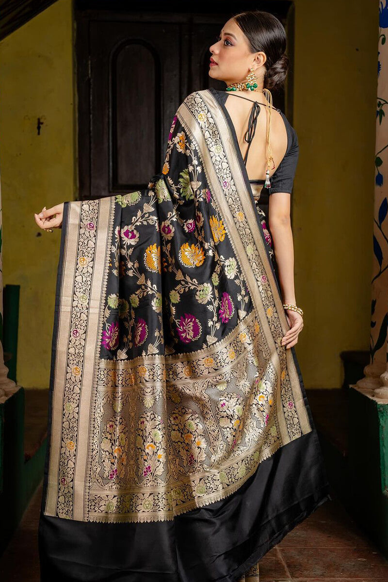 Vestigial Black Soft Silk Saree With Panoply Blouse Piece