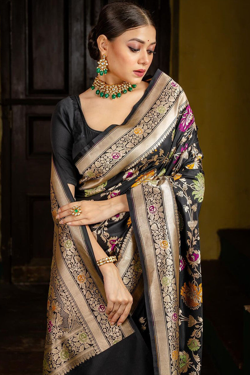 Vestigial Black Soft Silk Saree With Panoply Blouse Piece