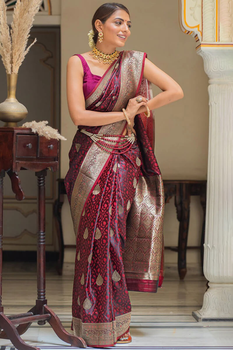 Sempiternal Maroon Soft Silk Saree With Evanescent Blouse Piece