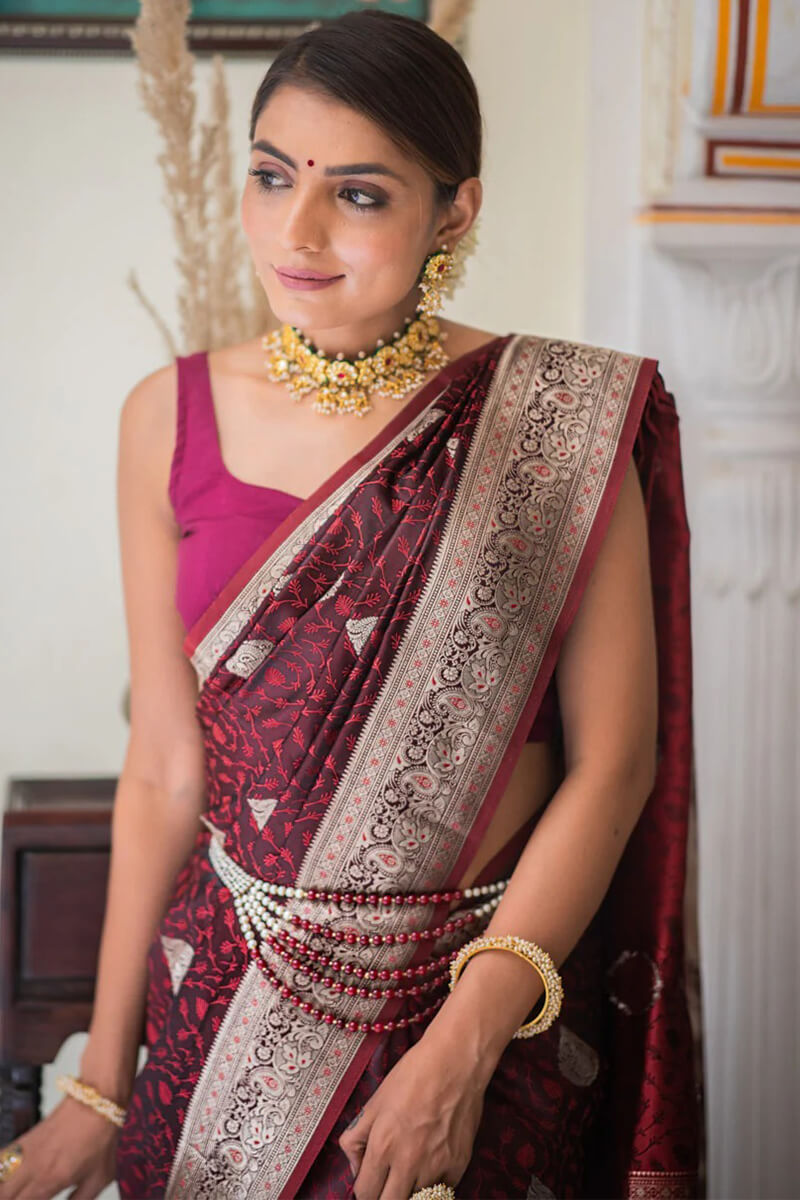 Sempiternal Maroon Soft Silk Saree With Evanescent Blouse Piece