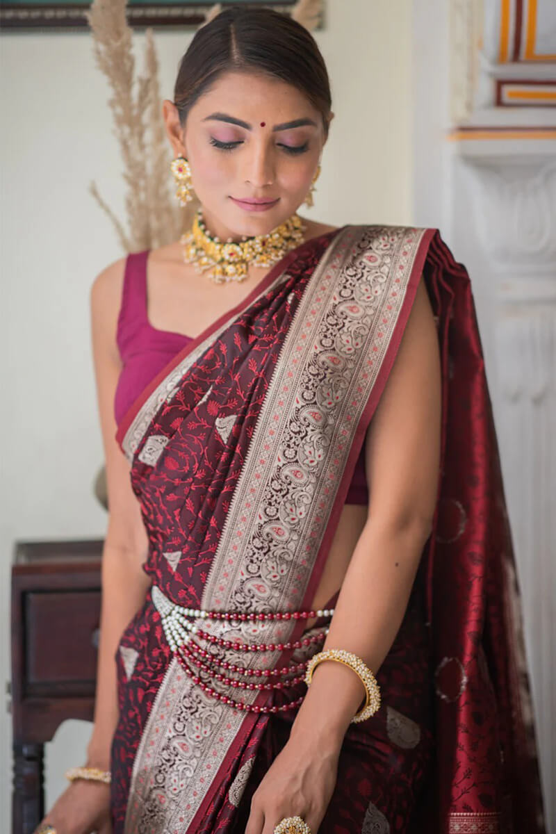 Sempiternal Maroon Soft Silk Saree With Evanescent Blouse Piece