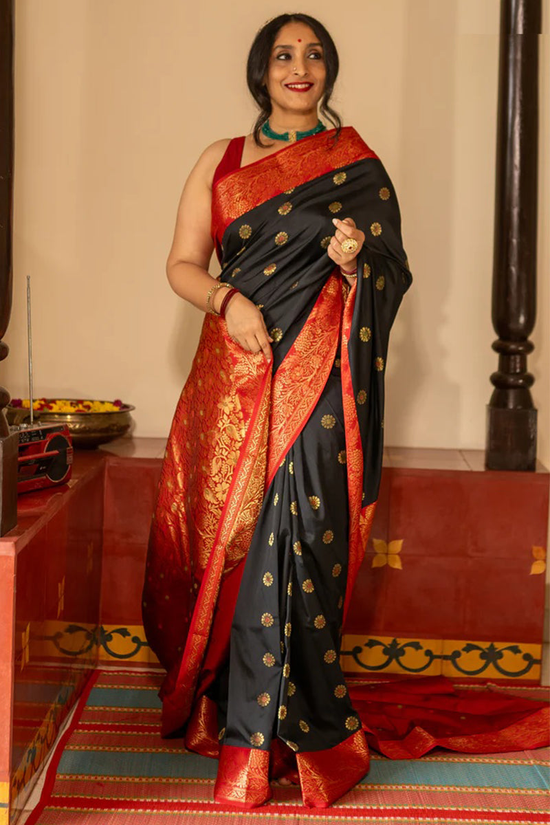 Trendy Black Soft Silk Saree With Classy Blouse Piece