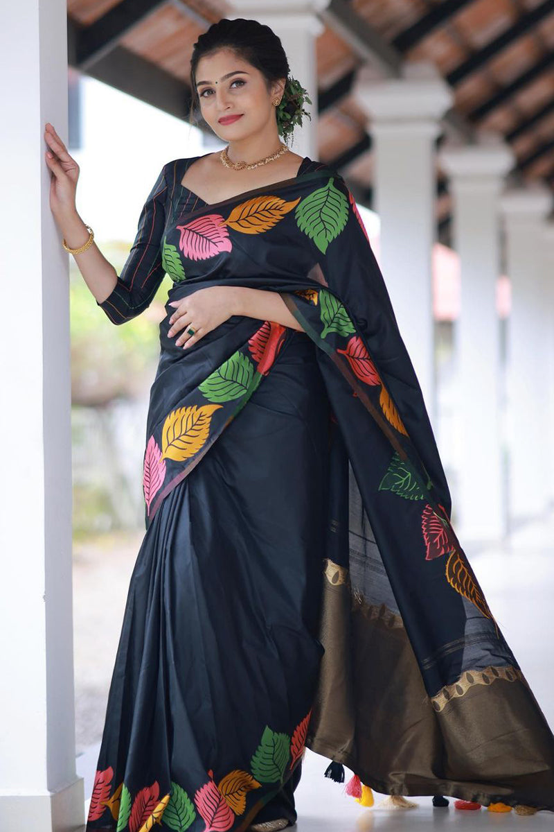 Pretty Black Soft Silk Saree With Beautiful Blouse Piece