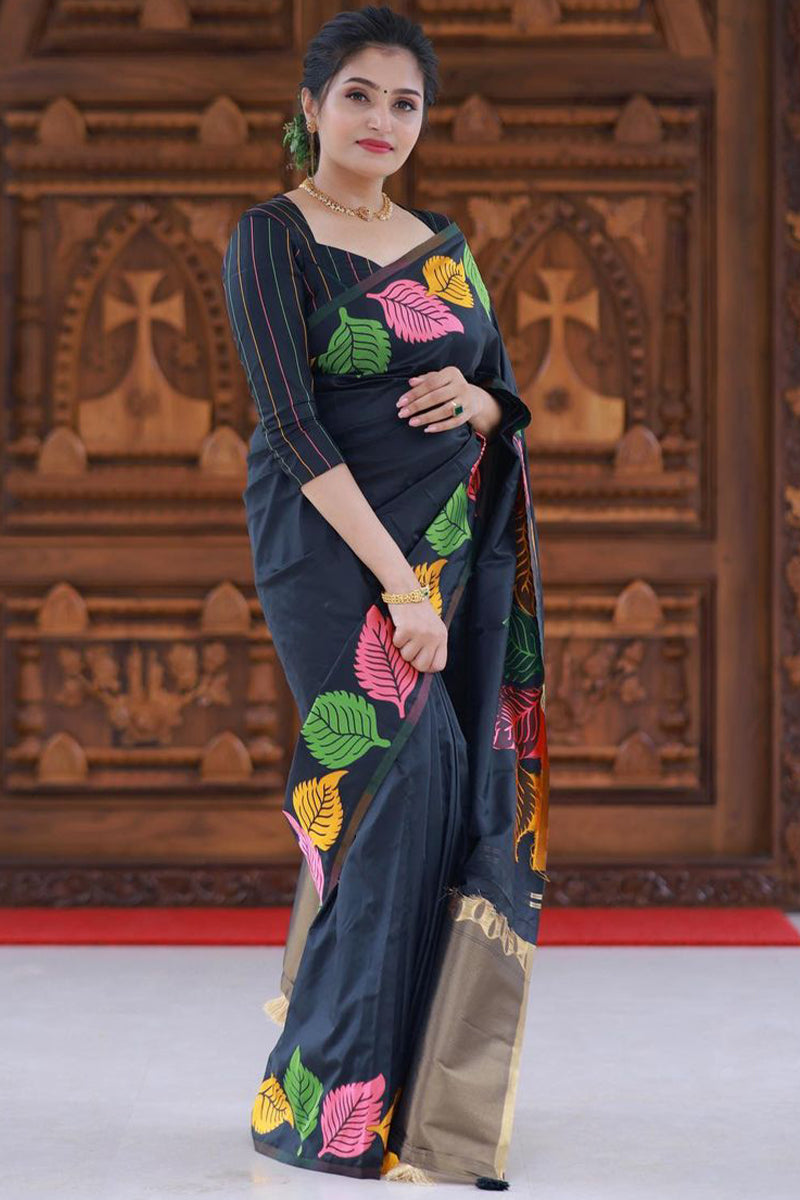 Pretty Black Soft Silk Saree With Beautiful Blouse Piece