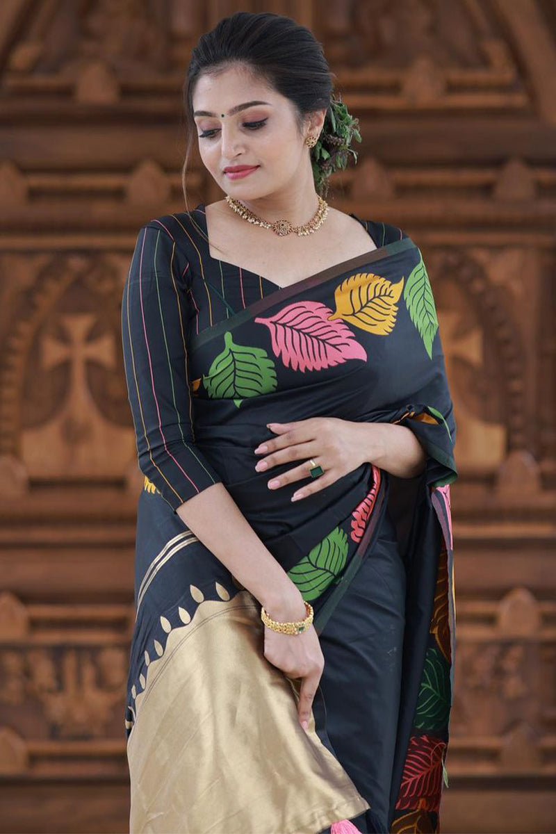 Pretty Black Soft Silk Saree With Beautiful Blouse Piece