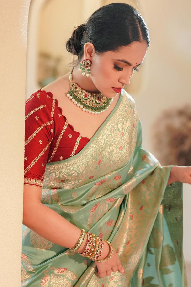 Demure Sea Green Soft Silk Saree With Magnetic Blouse Piece