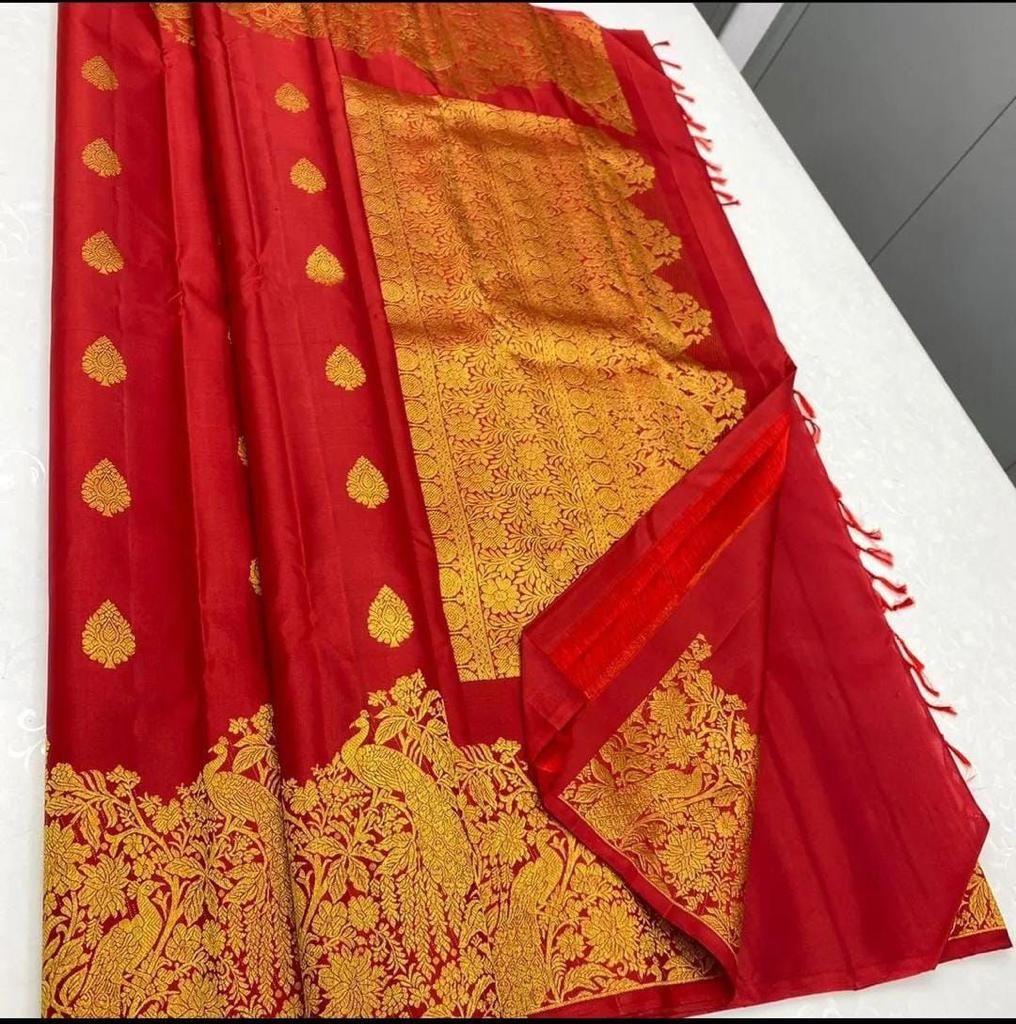 Gossamer Red Soft Banarasi Silk Saree With Chatoyant Blouse Piece