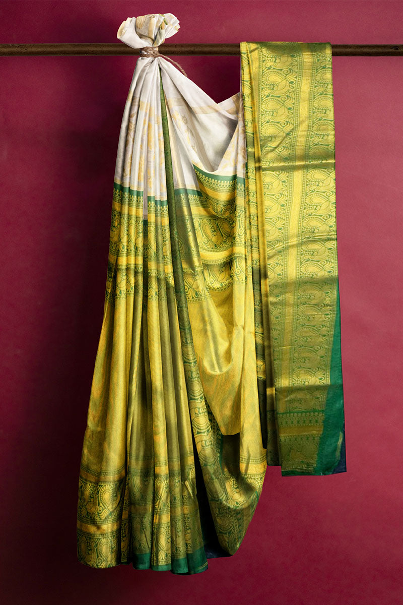 Stunning White Soft Banarasi Silk Saree With Gorgeous Blouse Piece