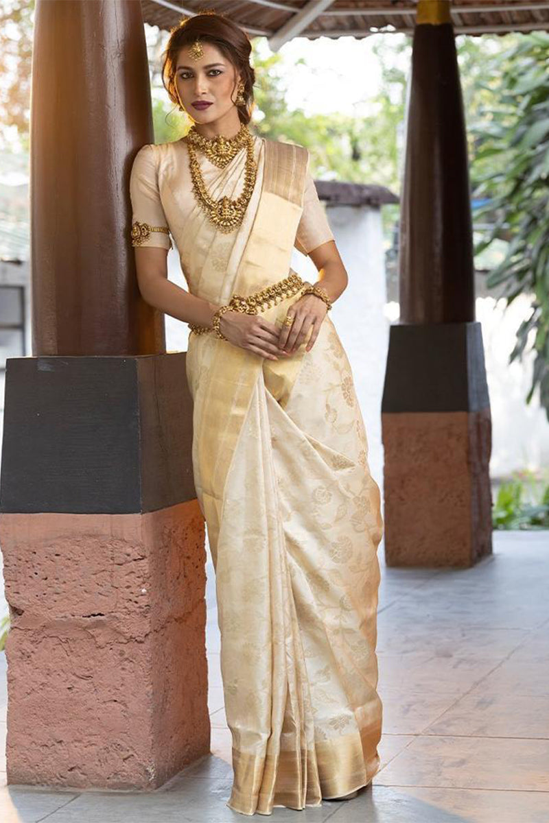 Winsome Beige Soft Banarasi Silk Saree With Tempting Blouse Piece