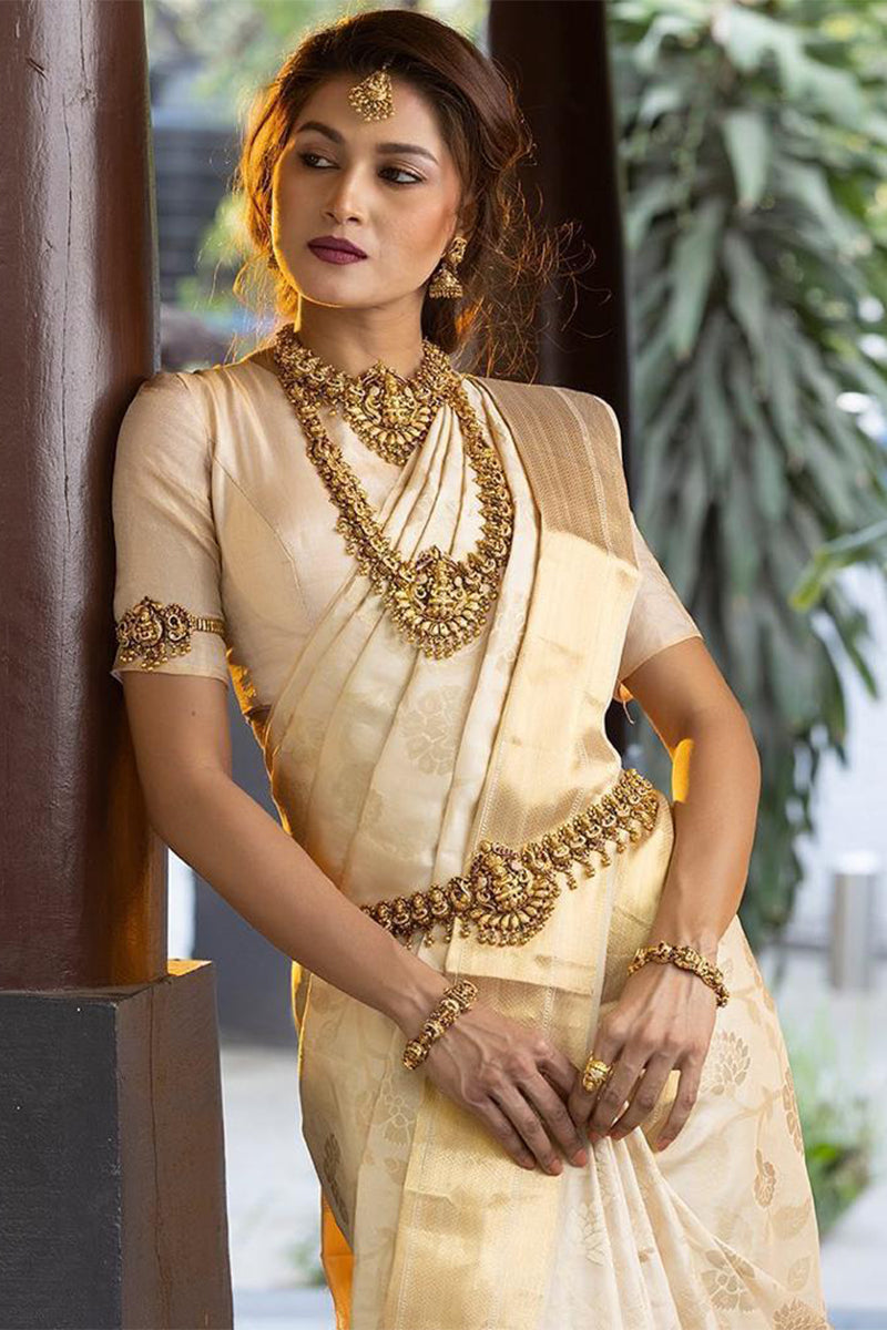 Winsome Beige Soft Banarasi Silk Saree With Tempting Blouse Piece