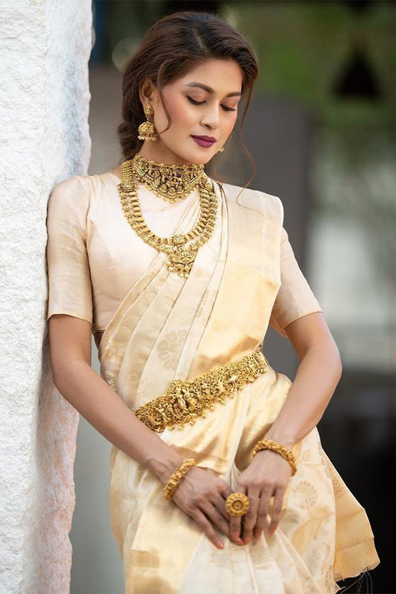 Winsome Beige Soft Banarasi Silk Saree With Tempting Blouse Piece