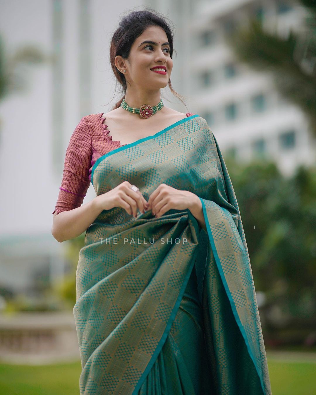 Scrumptious Rama Soft Silk Saree with Vestigial Blouse Piece