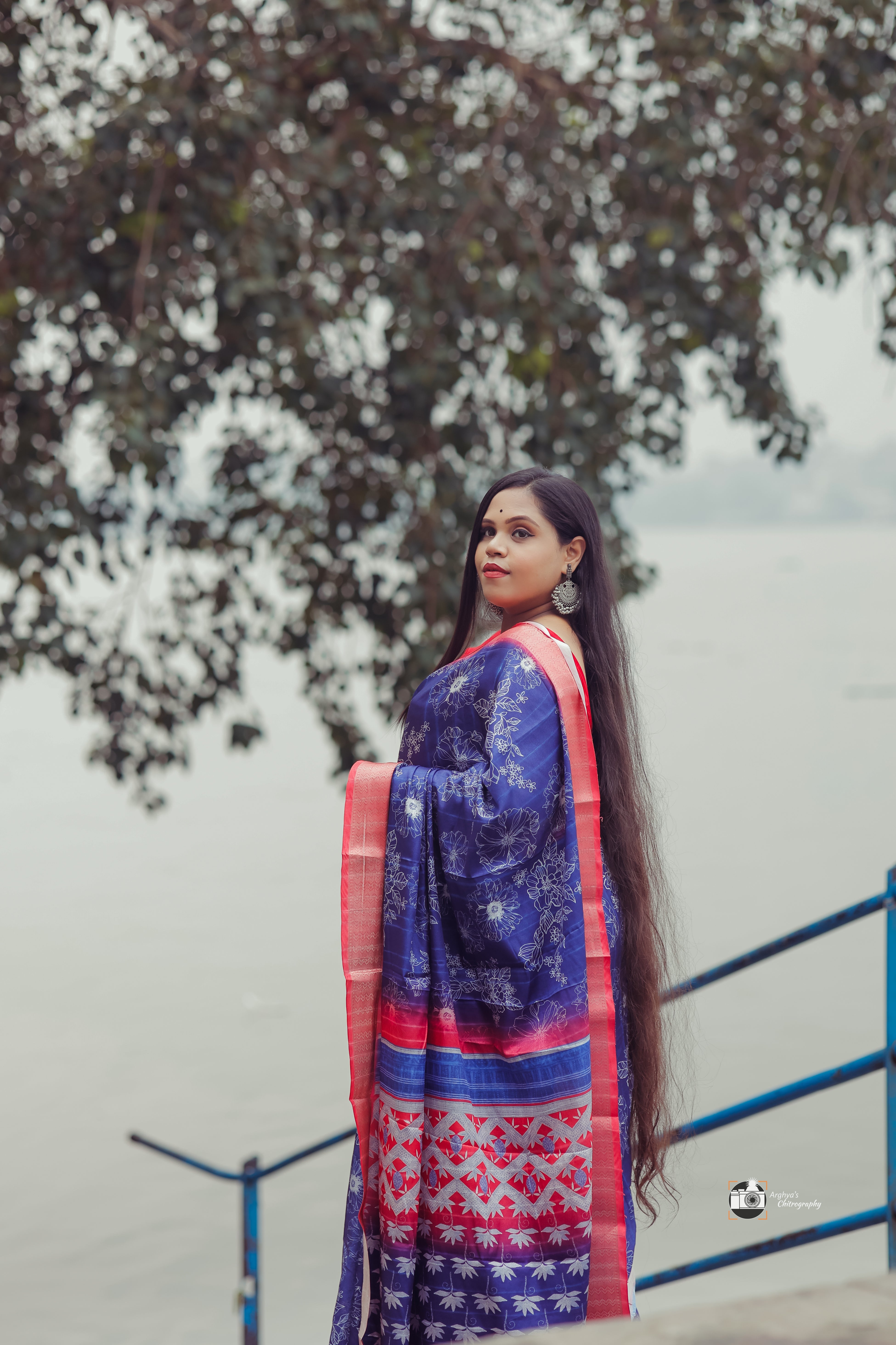 Navy Blue Silk Saree with Red Border