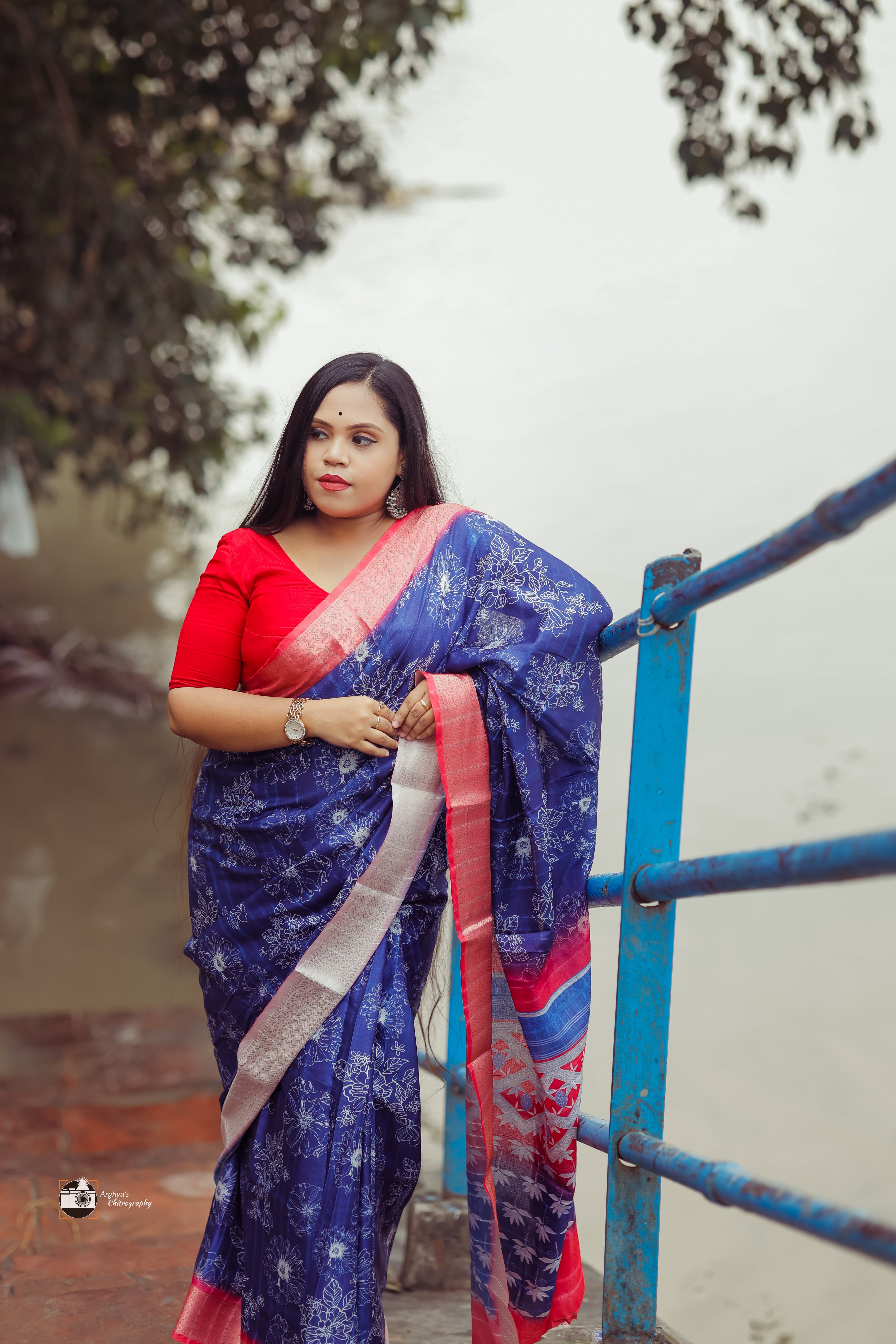 Navy Blue Silk Saree with Red Border