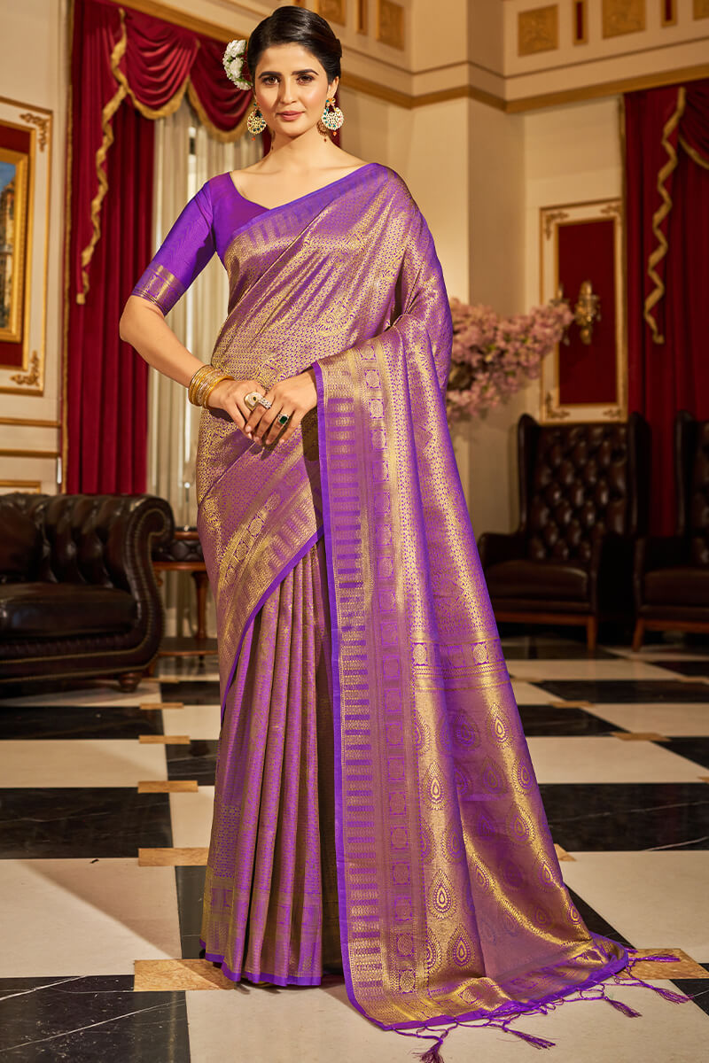 Inspiring Purple Kanjivaram Silk Saree With Divine Blouse Piece