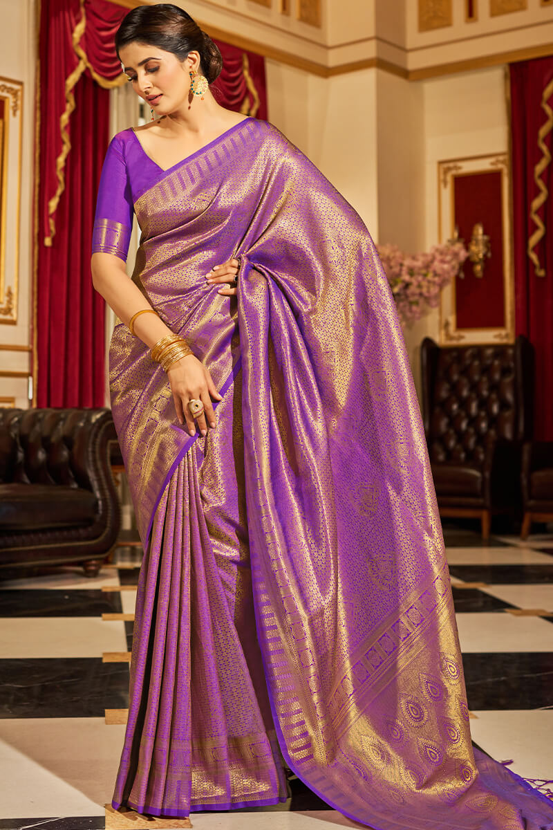 Inspiring Purple Kanjivaram Silk Saree With Divine Blouse Piece